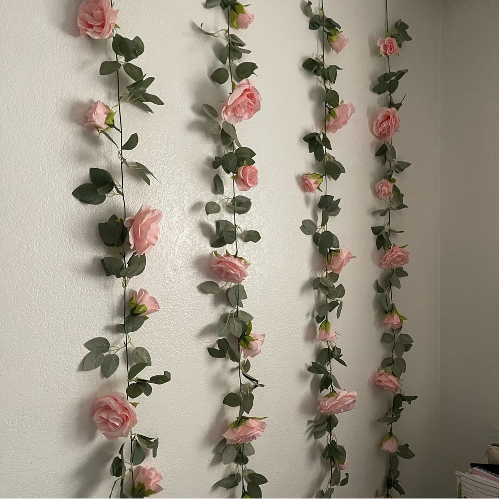 Artificial Pink Rose Garlands with Green Leaves